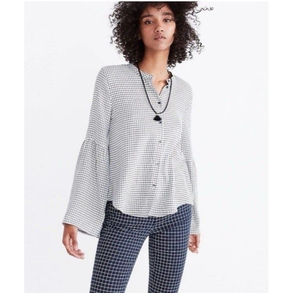 Madewell Women’s Size XS Black White Plaid Bell Sleeve Flannel Top Boho